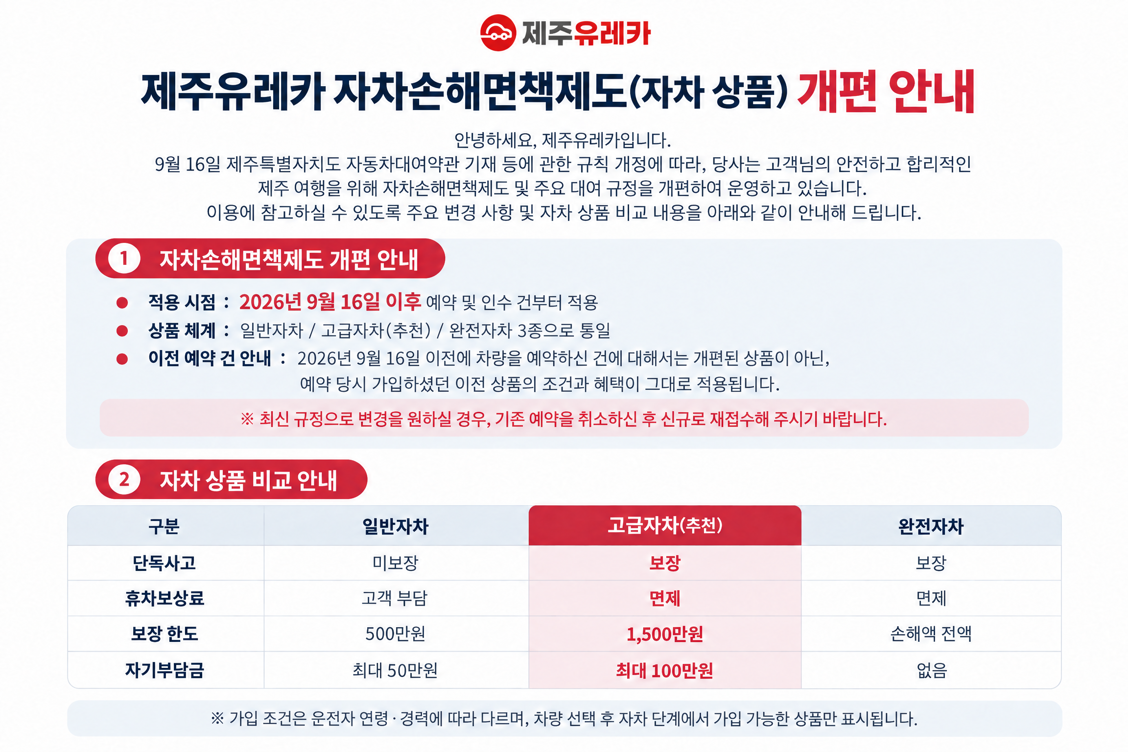 제주 렌트카 자차 3종 비교 · 자차손해면책제도 개편 안내 첨부 이미지